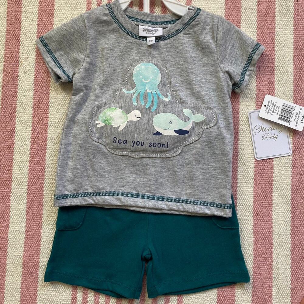 NWT Sterling Baby 2 Piece Boys Shirt and Short Set‎ Ocean Theme 12 Months 12M